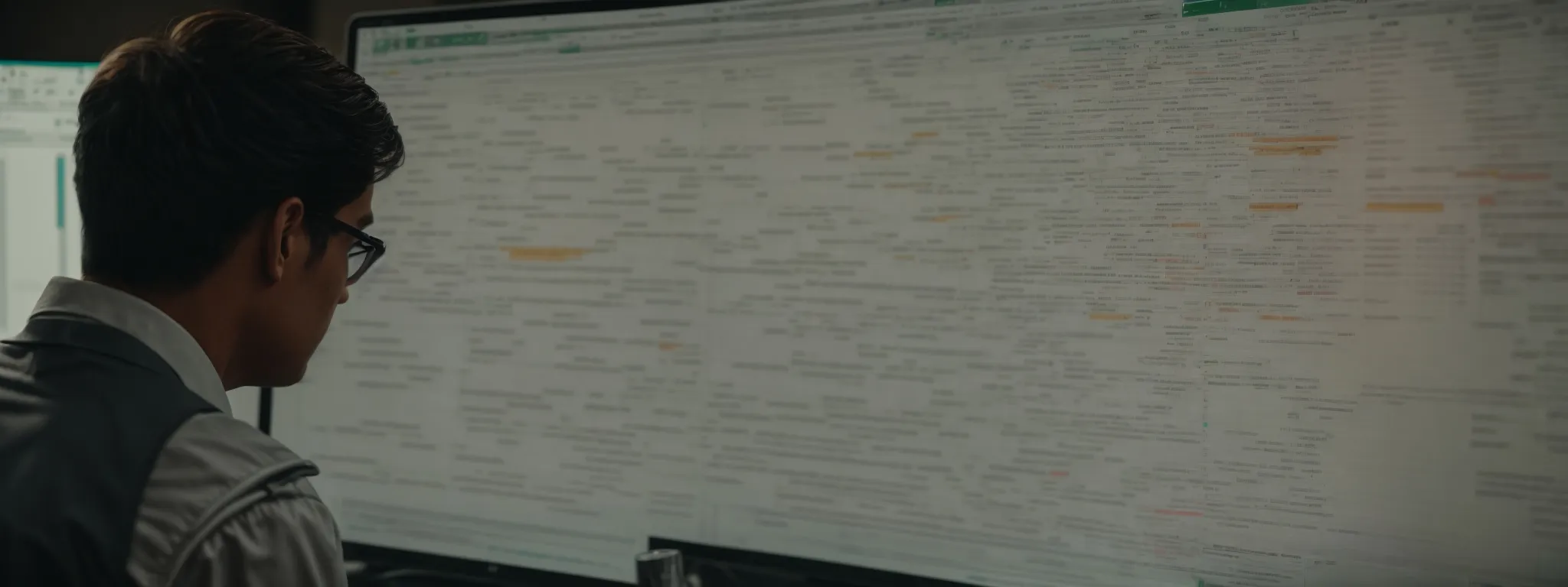 a person analyzing a complex flowchart that represents website structure on a computer with excel spreadsheets open in the background.
