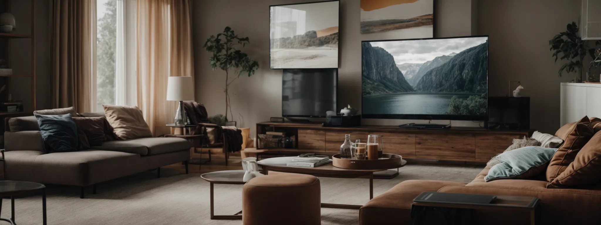 a modern living room with a television screen showing a commercial and a smartphone on a coffee table displaying a search engine page.