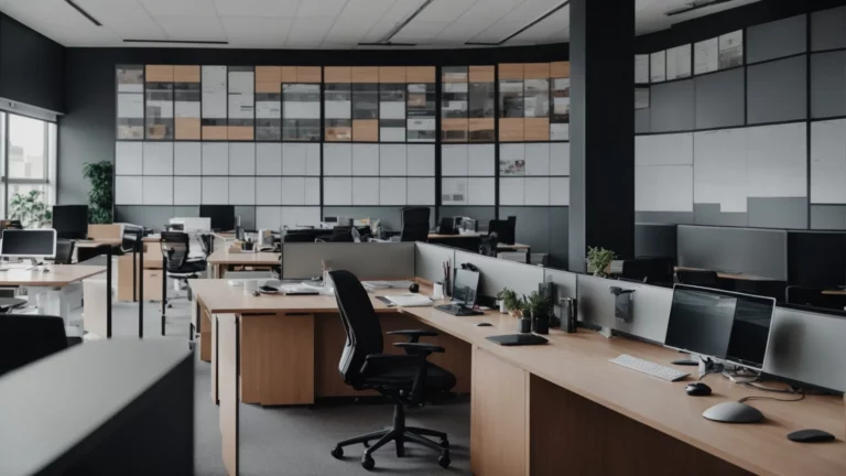 a panoramic view of a modern office with computers and wall planners signaling a strategic work environment.
