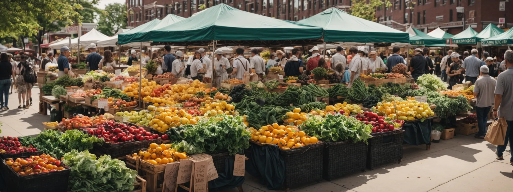 a bustling farmer's market in downtown ann arbor with vibrant local produce on display.