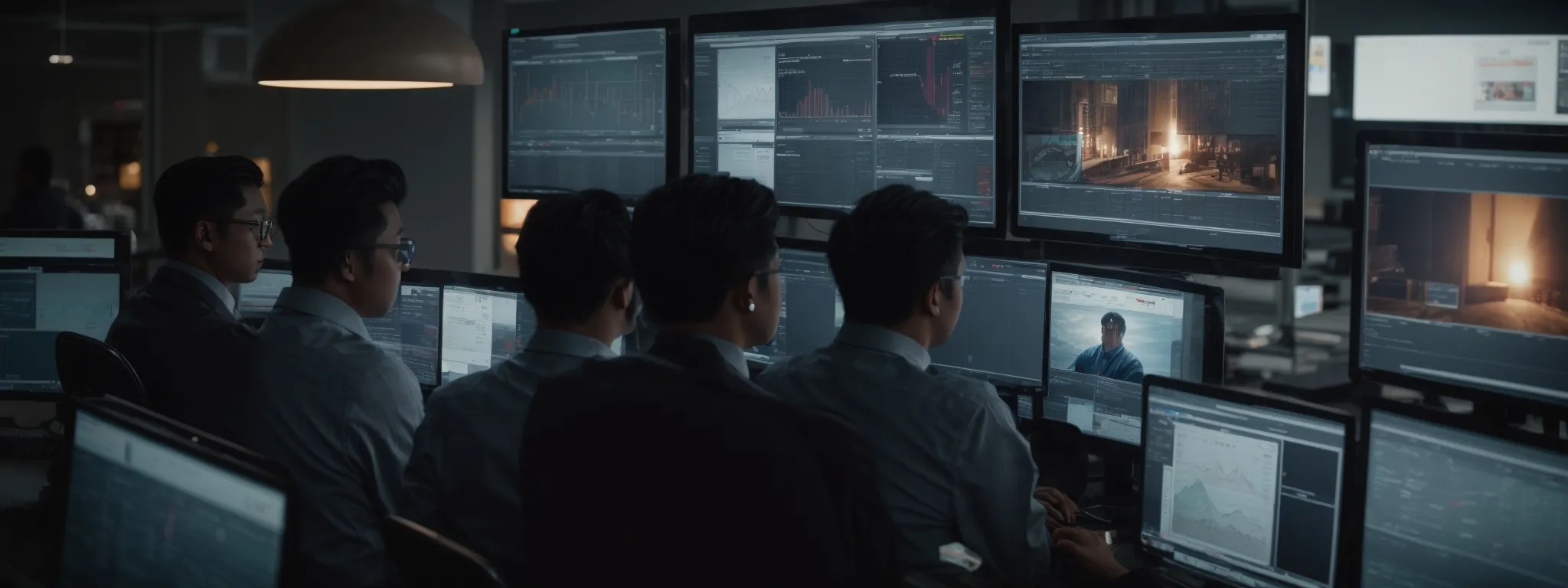 a bustling marketing team reviews data charts beside images of trending video games on a computer screen.