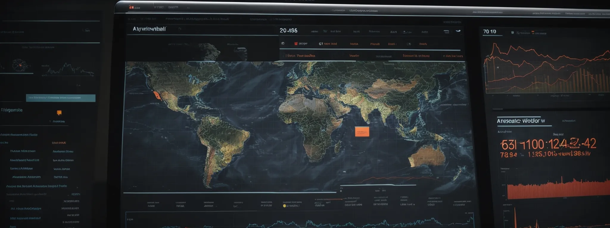 a computer screen displaying a web analytics dashboard with graphs showing website traffic sources and a world map highlighting different regions.
