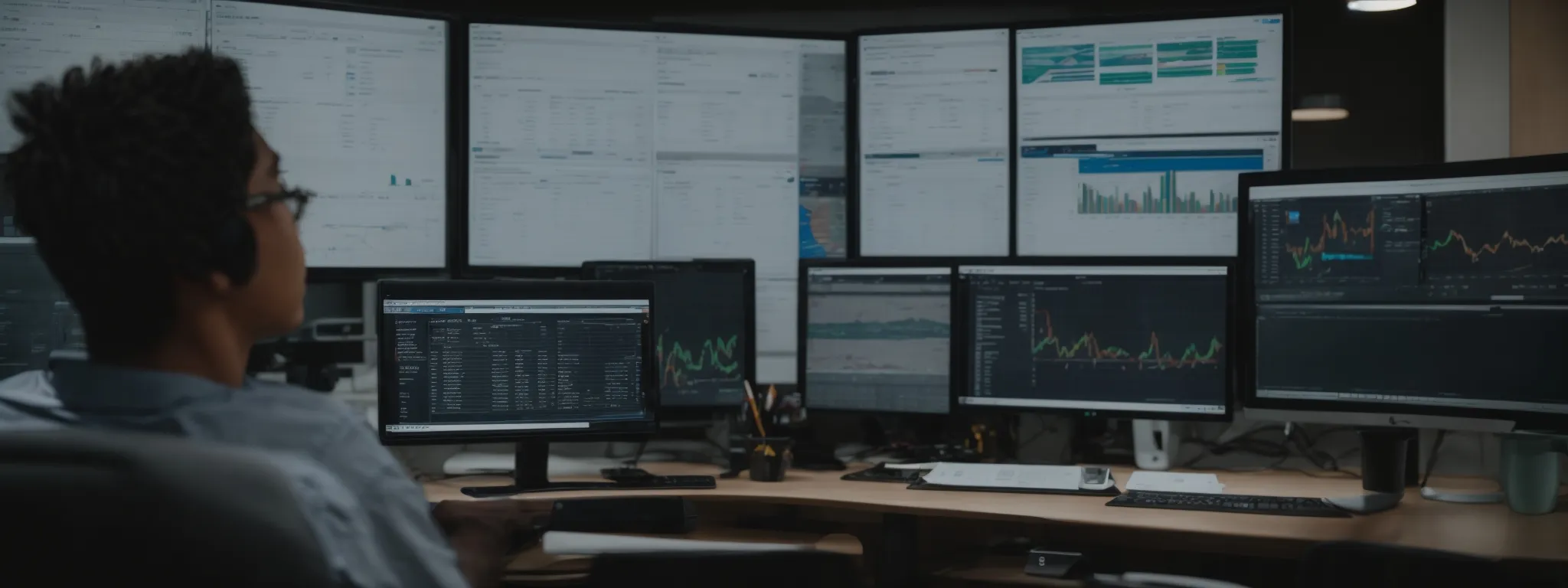 a person sitting at a desk with dual computer screens displaying website analytics and a whiteboard with seo strategies.