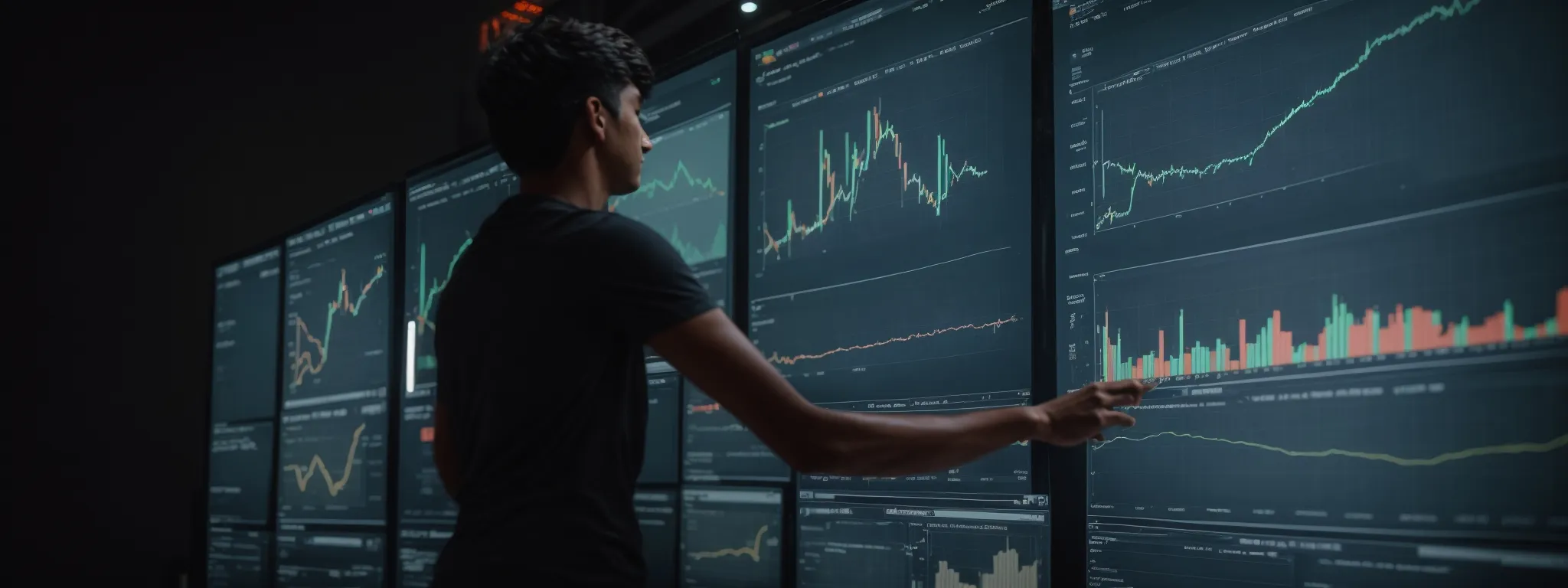 a digital marketing analyst reviews graphs on a large monitor illustrating trends in website traffic and campaign conversions.