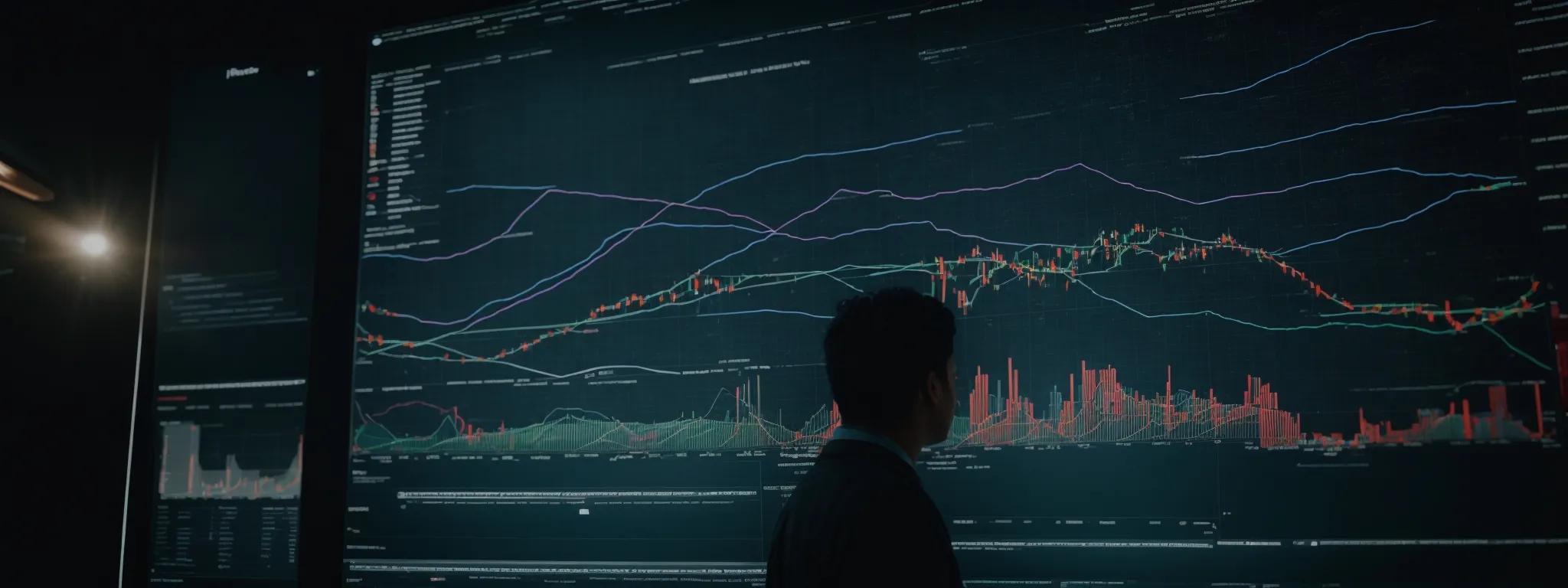 a person analyzes complex graphs and charts on a large screen displaying website traffic data.