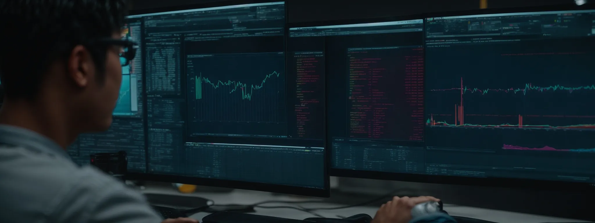a person analyzing a vibrant, detailed seo analytics interface on a large computer monitor.