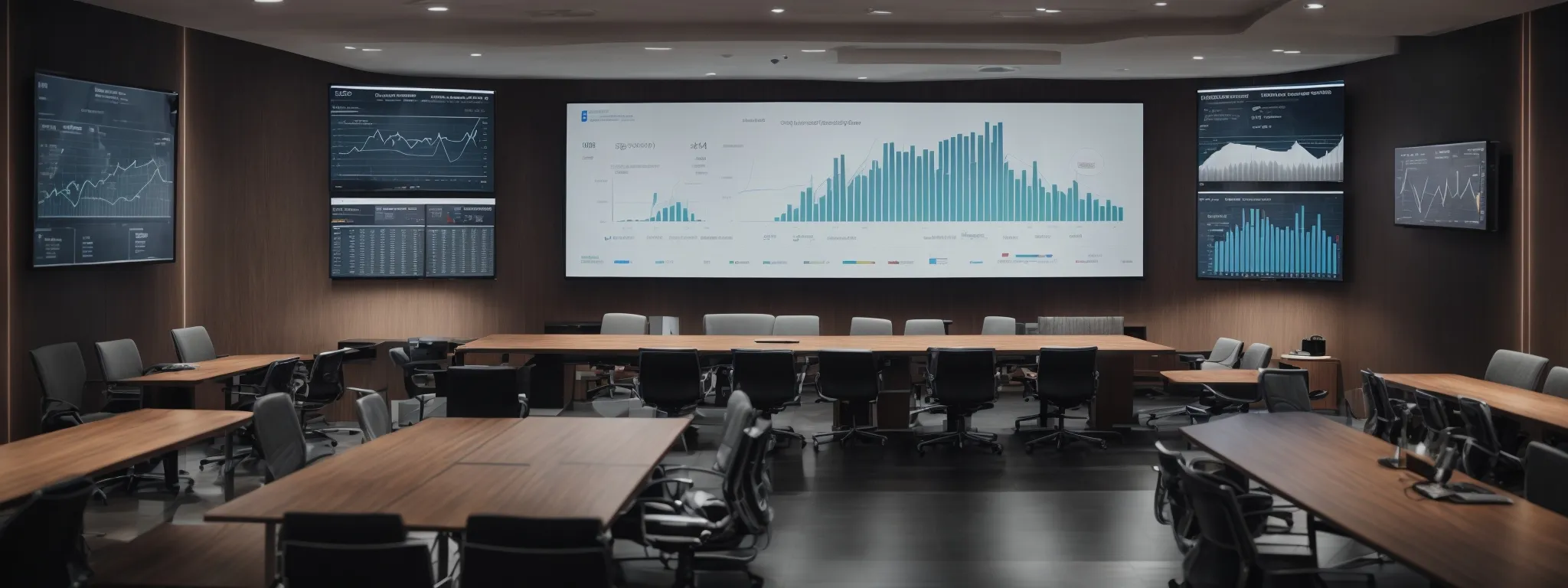 a modern conference room with a large screen displaying graphs and growth charts relevant to medical device digital marketing campaigns.