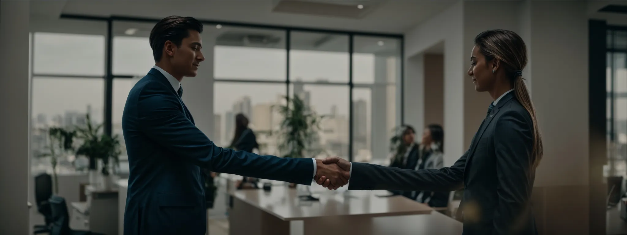 an influencer and a brand representative shake hands in a modern office, symbolizing a new partnership.