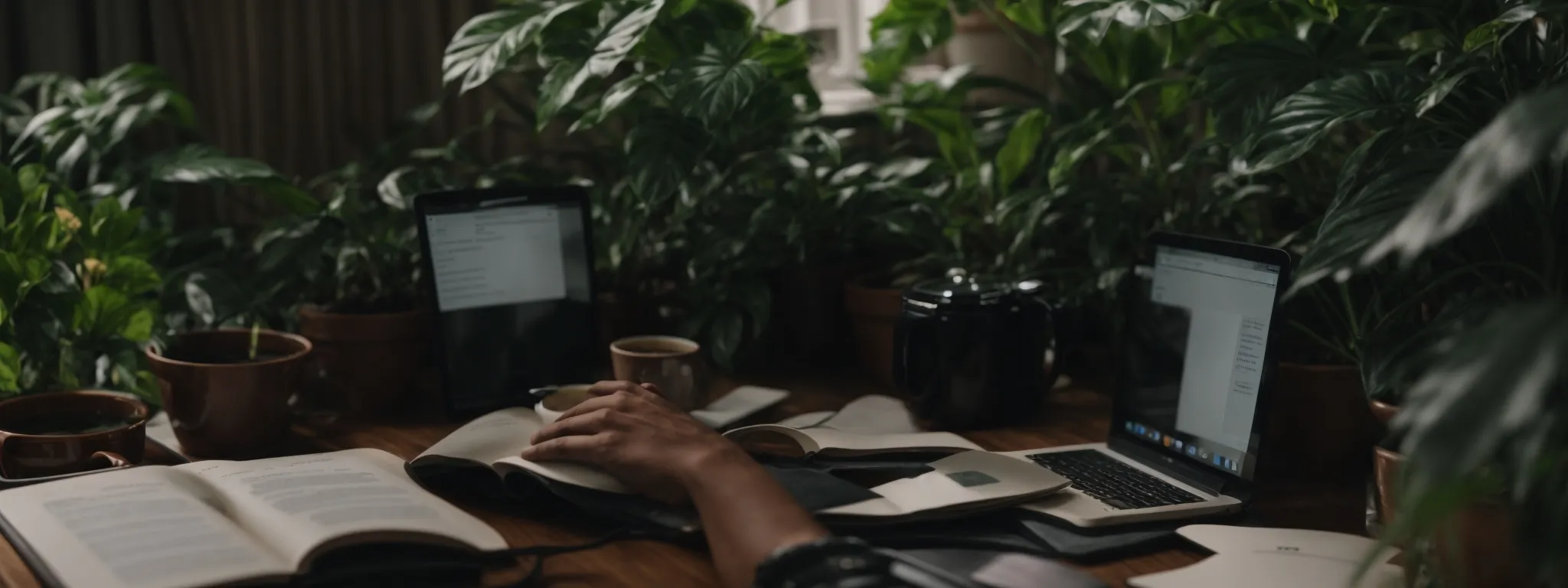 a person typing on a laptop with an open book and a cup of coffee on the desk, surrounded by plants.