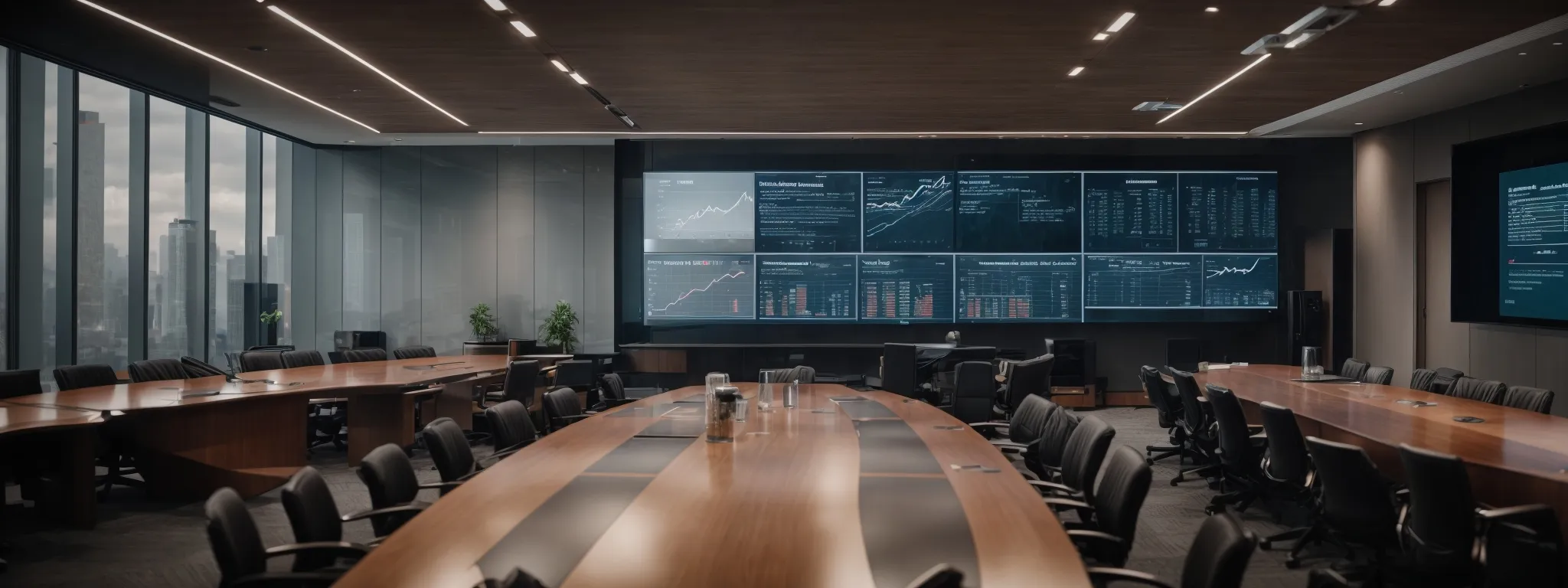 a conference room with a large digital screen displaying web analytics.