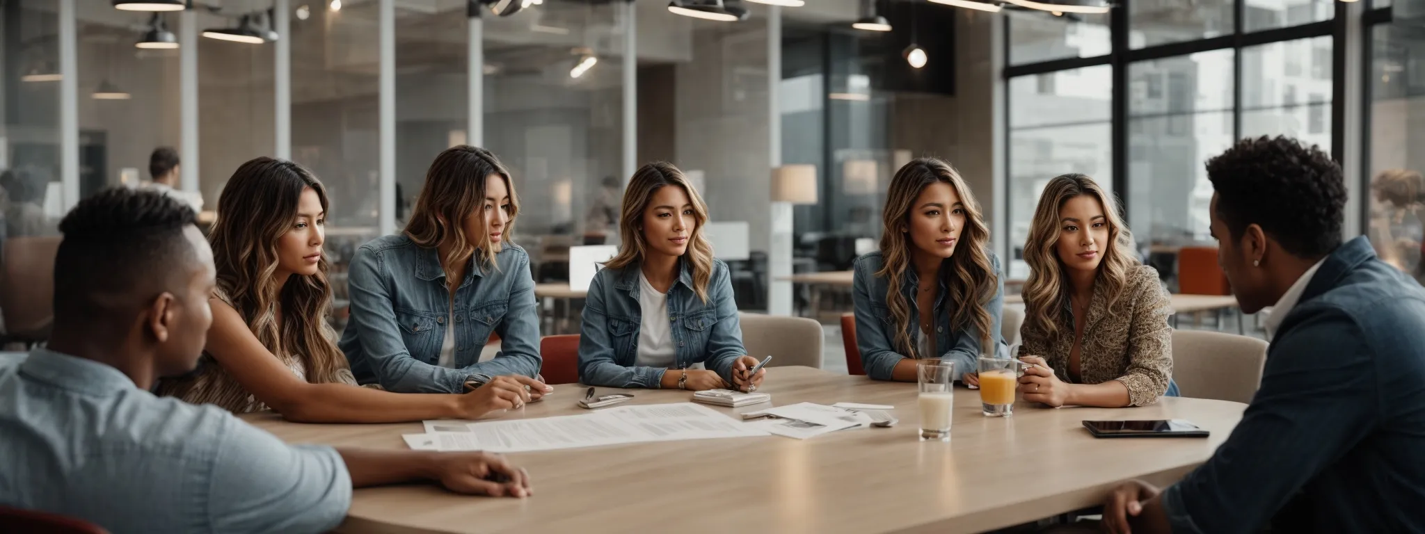 a dynamic group of professionals brainstorming around a bright, modern conference table, immersed in the vibrant ambiance of a creative agency studio.