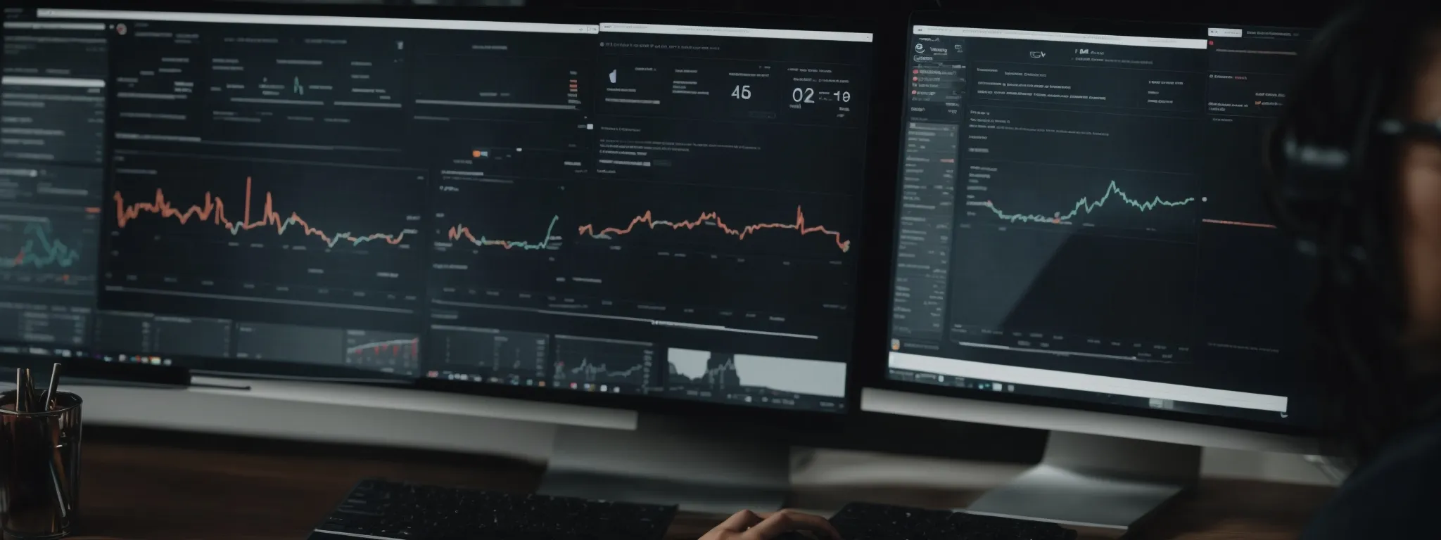 a dedicated individual studies an intricate analytics dashboard on a computer screen, reflecting the importance of mastering seo tools and strategies.