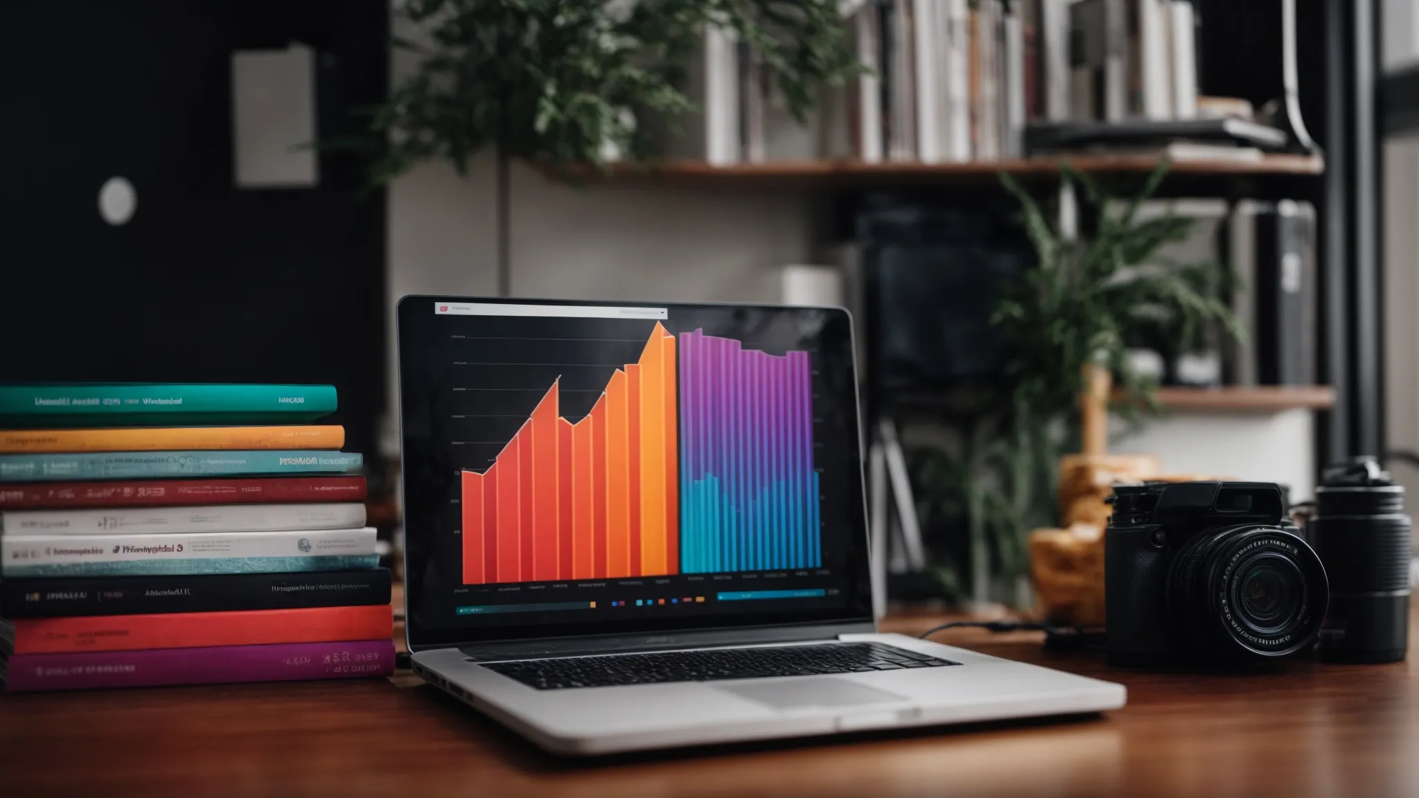 a laptop displaying colorful graphs next to a stack of marketing books on a desk.