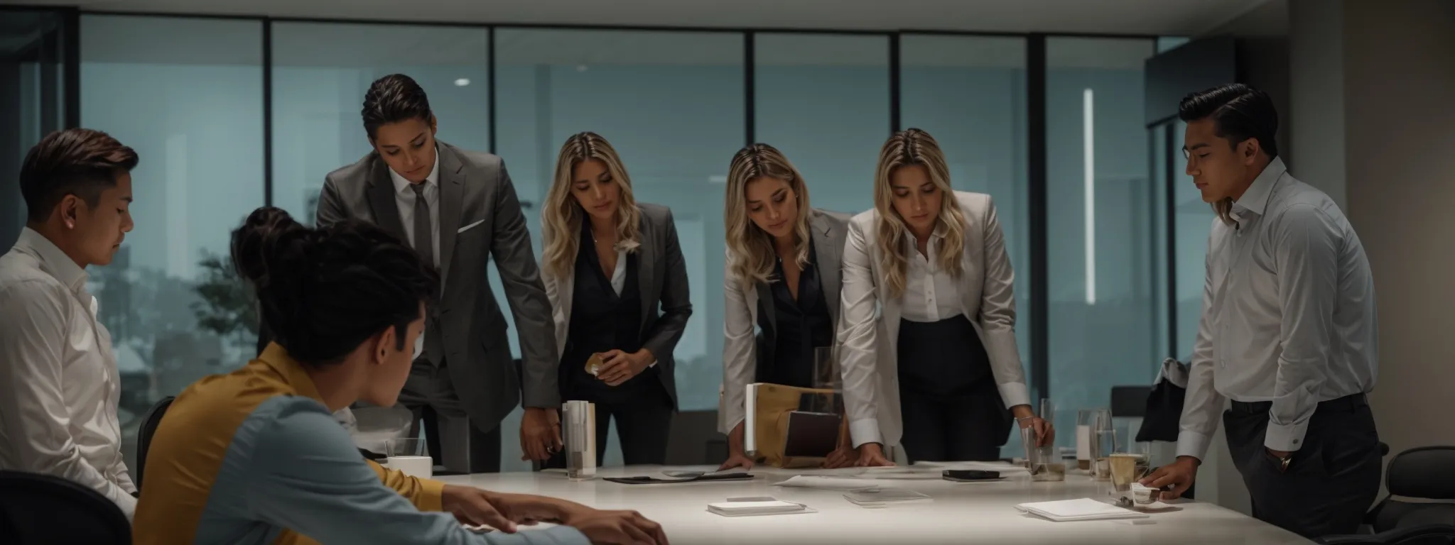 a group of professionals gather around a sleek conference table, intently engaged in a cutting-edge seo strategy session.