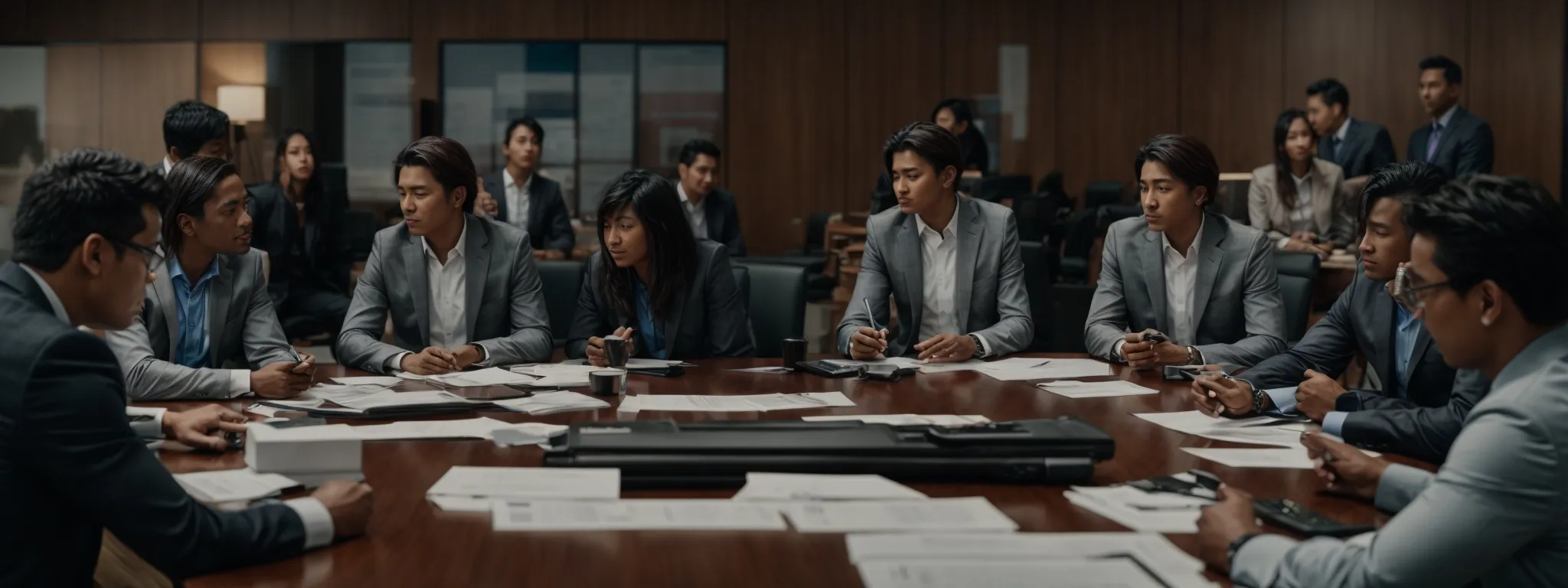 a group of professionals gathered around a large conference table, intently discussing strategies over a stack of digital analytics reports.