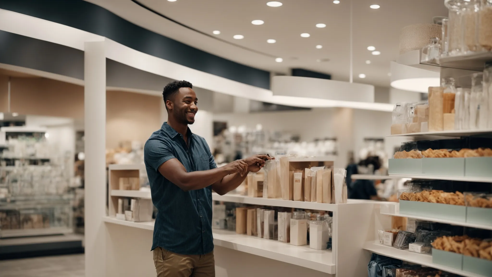 a smiling employee assisting a client in a modern, bright retail store.