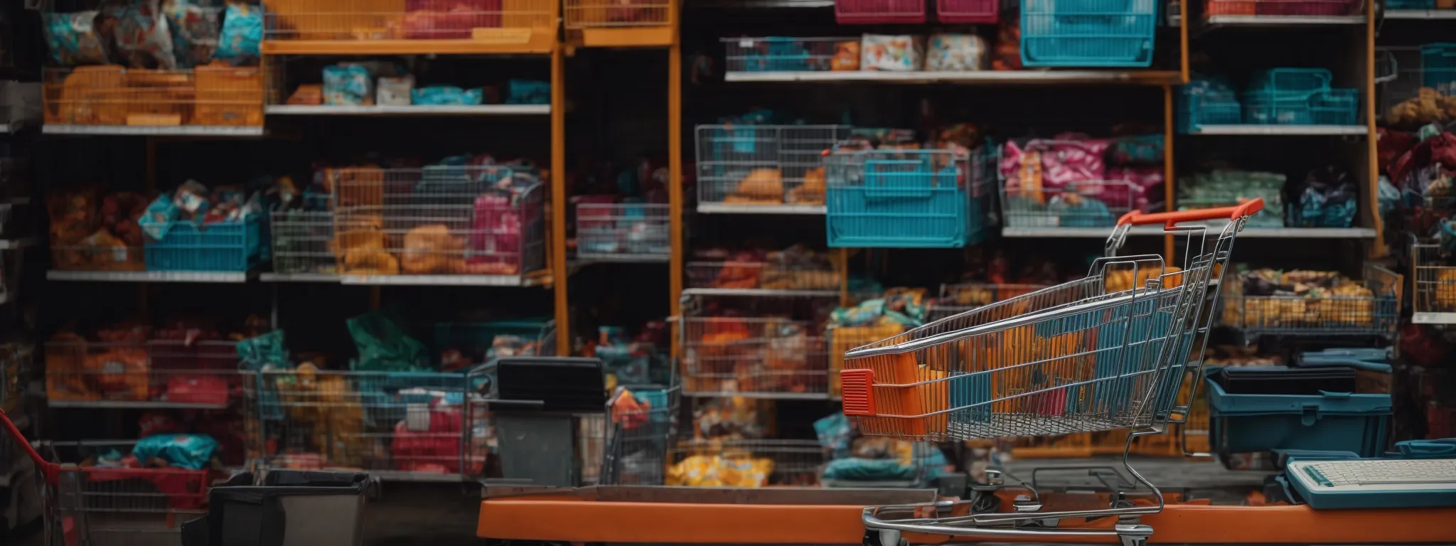 a shopping cart filled with diverse items against the background of a computer screen displaying a colorful and inviting online store interface.