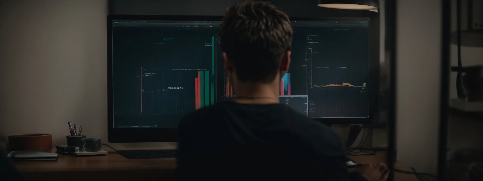 a focused individual views a computer screen displaying a digital marketing course interface amidst a home study environment.