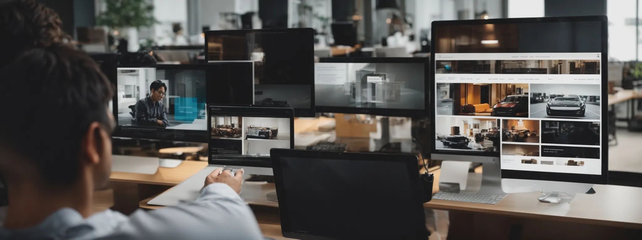 a user engages contentedly with a sleek, responsive website displayed on a computer screen in a brightly lit modern office.