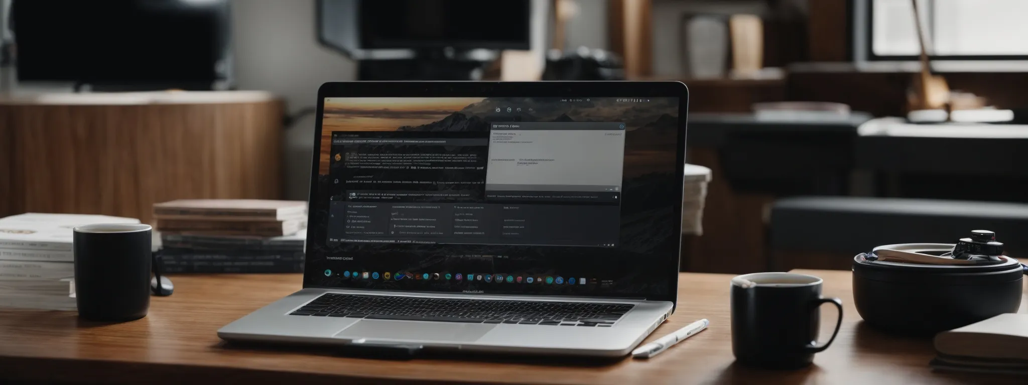 a laptop with seo analytics displayed on the screen, set on a wooden desk surrounded by marketing strategy documents.