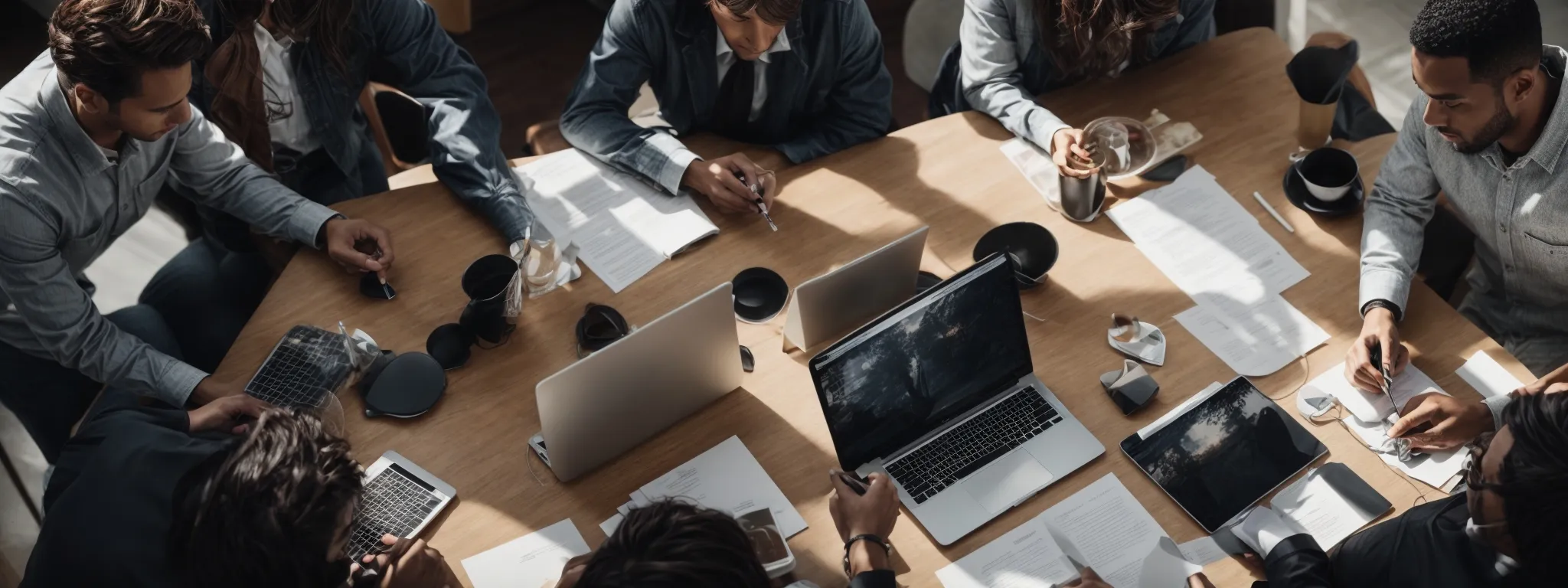 a team of professionals collaborating around a table with multiple digital devices, actively engaged in strategic marketing discussions.