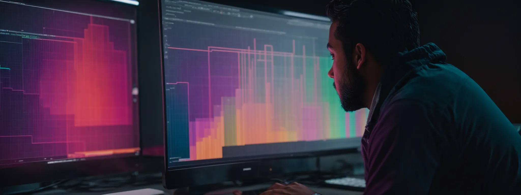 a marketer analyzing colorful heatmap overlays on a computer screen, representing user engagement on a website.