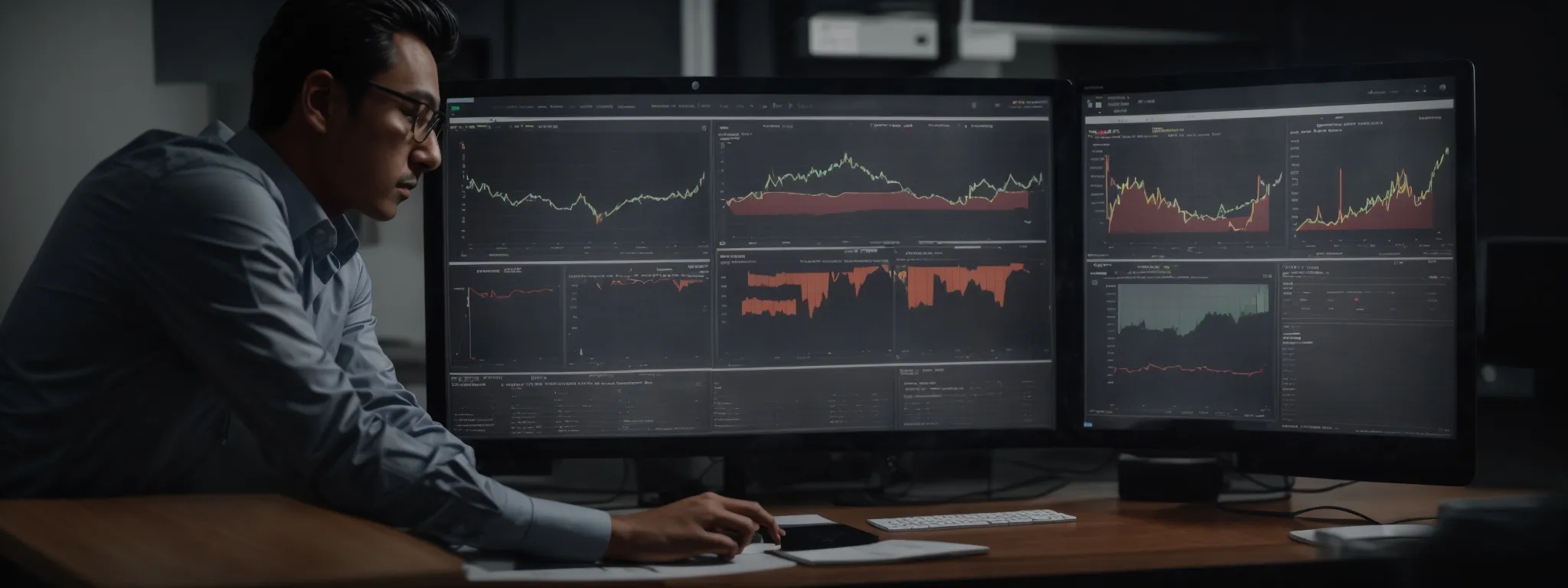 a marketer analyzes graphs and charts on a computer dashboard, tracking content engagement and performance metrics.