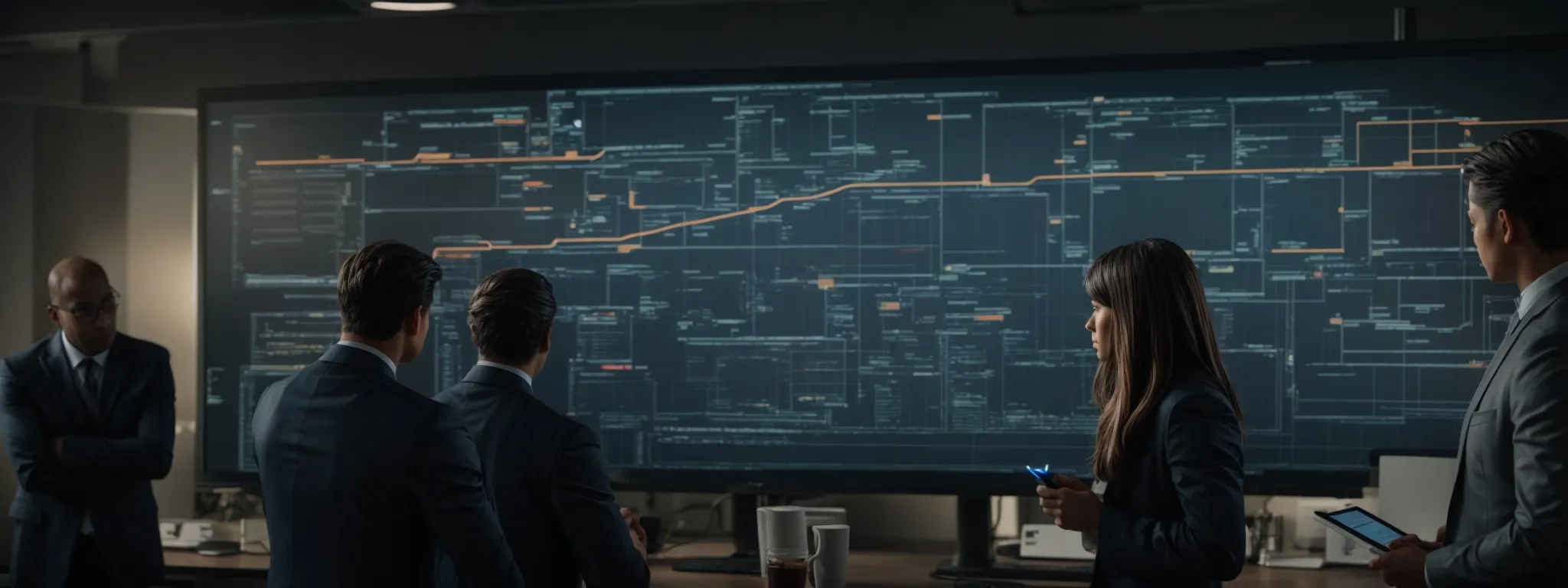 a team of professionals analyzes a flowchart on a digital interface, optimizing a multifaceted sales strategy.