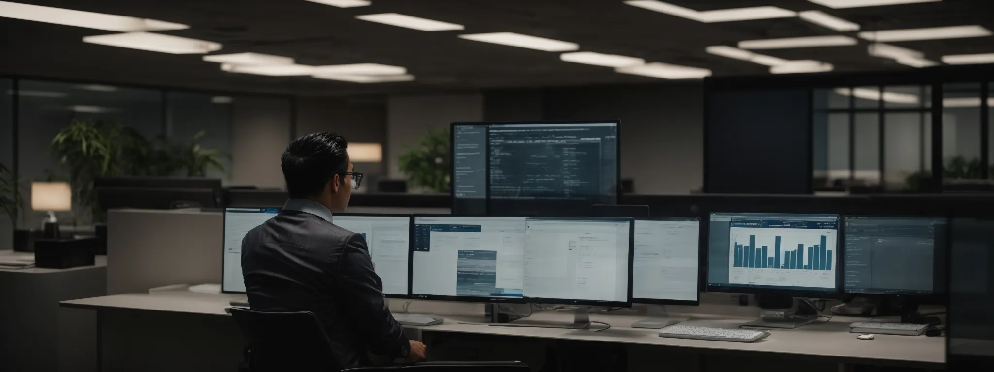 a business owner analyzing reviews on a computer screen in a modern office setting.