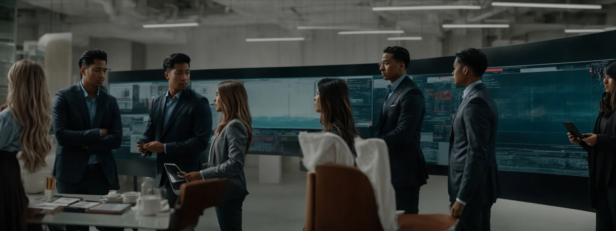 a diverse group of professionals congregates around a large touchscreen display, strategizing a digital marketing campaign.