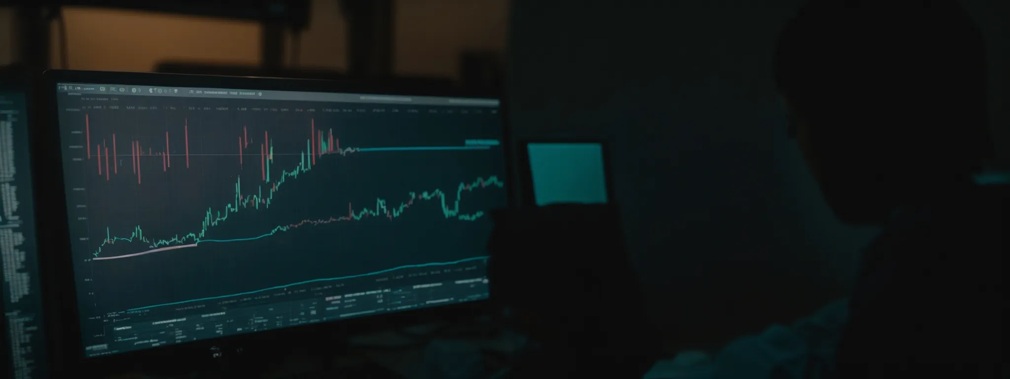 a person monitors analytics on a computer screen, reflecting on the strategy for a website's seo performance.