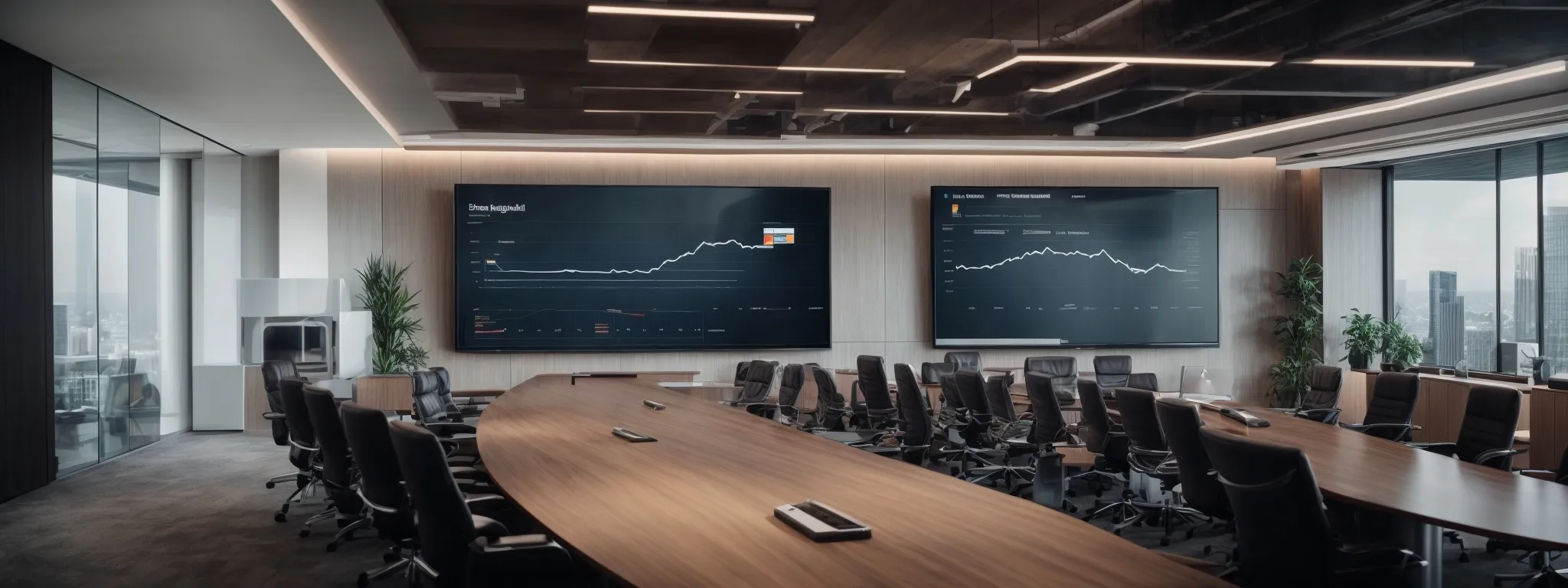 a modern boardroom with an interactive digital display presenting a business growth chart, symbolizing strategic planning in a tech-oriented marketing agency environment.
