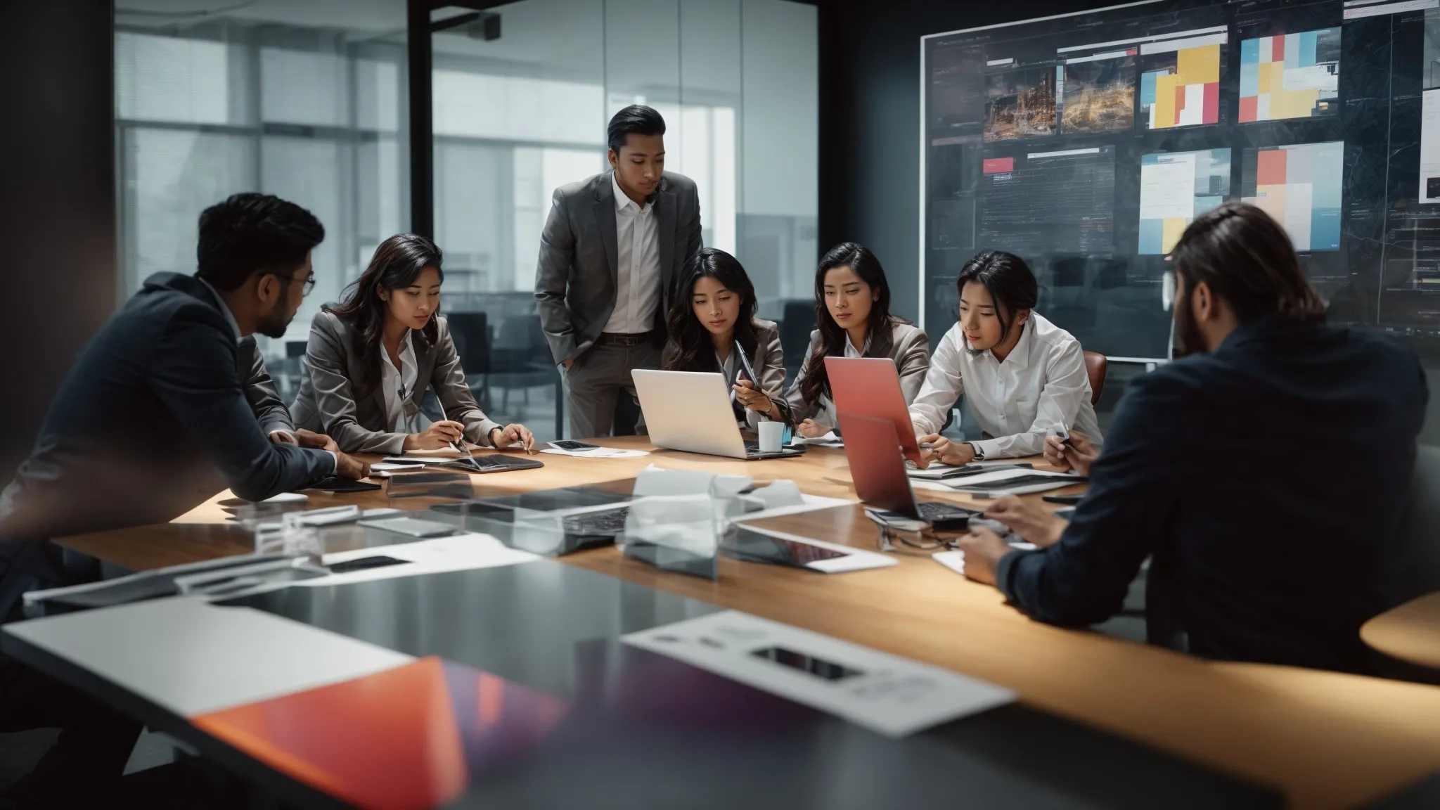 a team of creative professionals brainstorming around a modern conference table with various digital devices and a bright, abstract infographic display on a monitor.