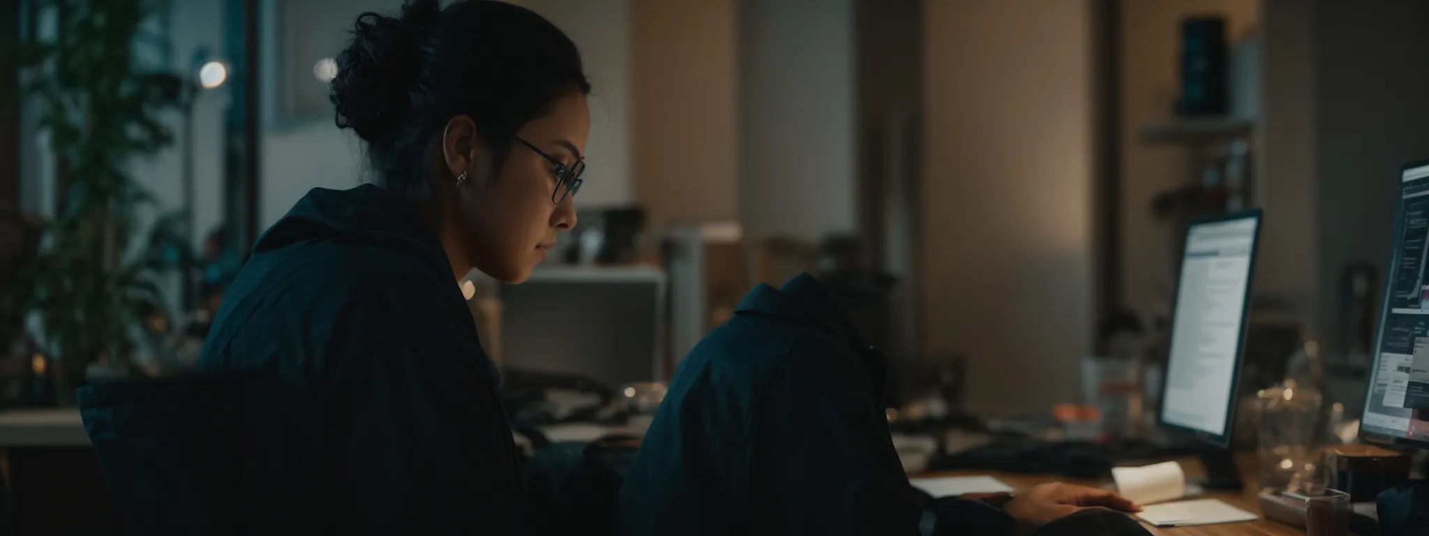 a person sitting at a computer, intently crafting a compelling email on a bright, clean interface.