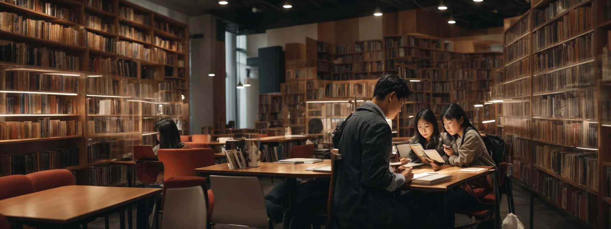 a library with people reading books and interacting with digital tablets, reflecting diverse readers engaging with accessible content.