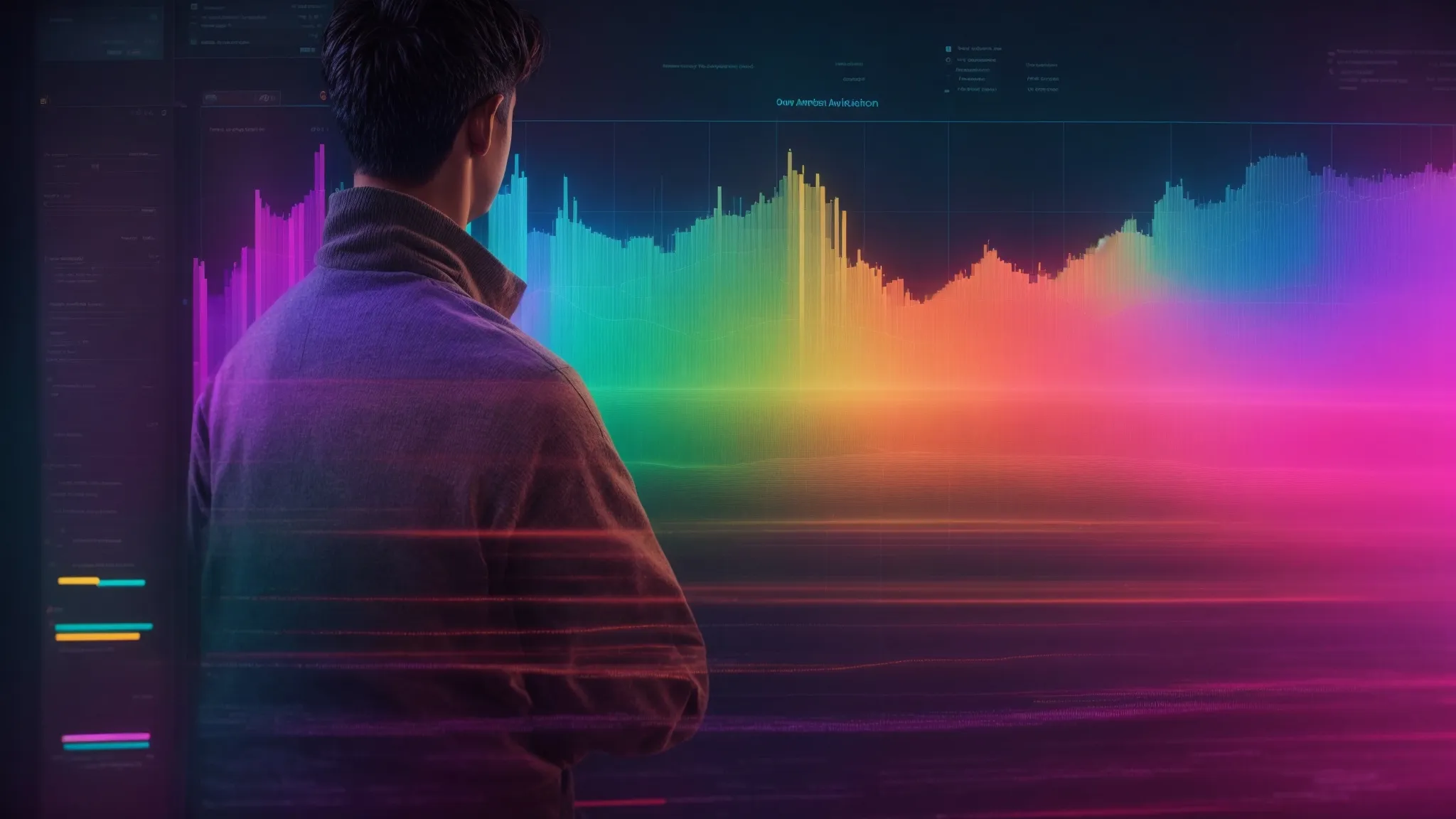 a marketer observes a colorful heatmap overlay on a web page to analyze user engagement areas for seo optimization.