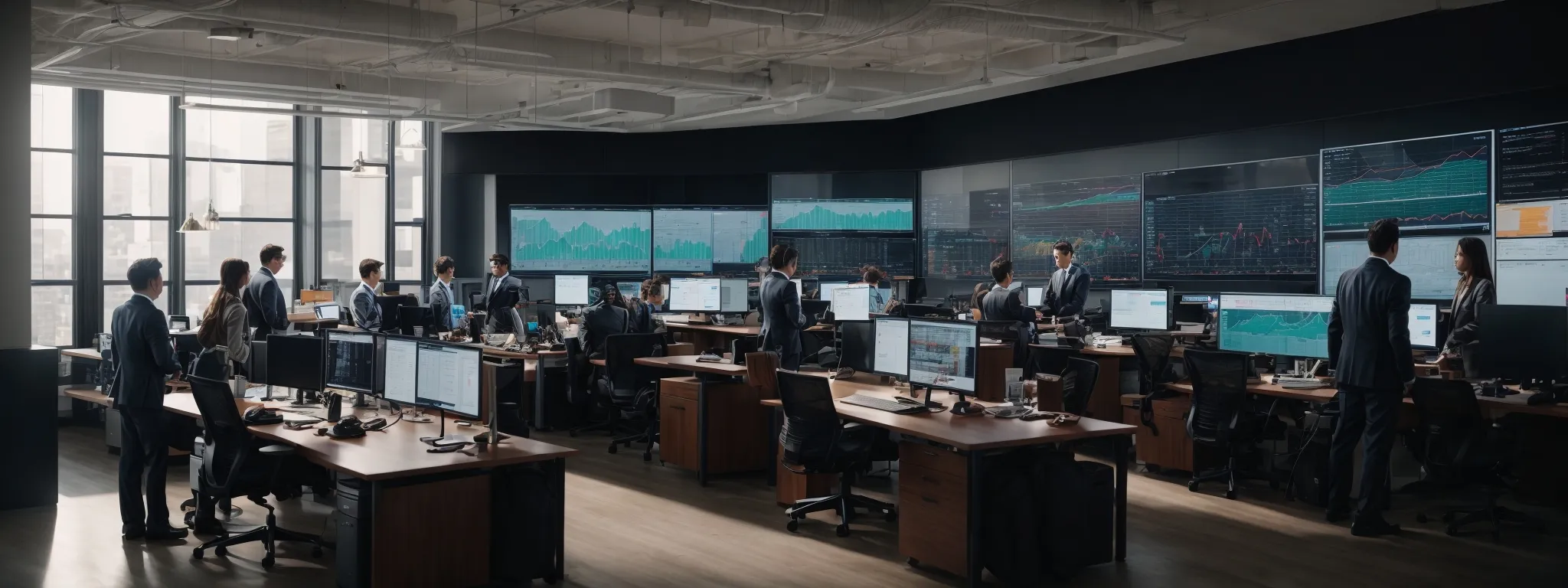 a modern office with a bustling team engaged around a large, visible screen displaying vibrant graphs and statistics.