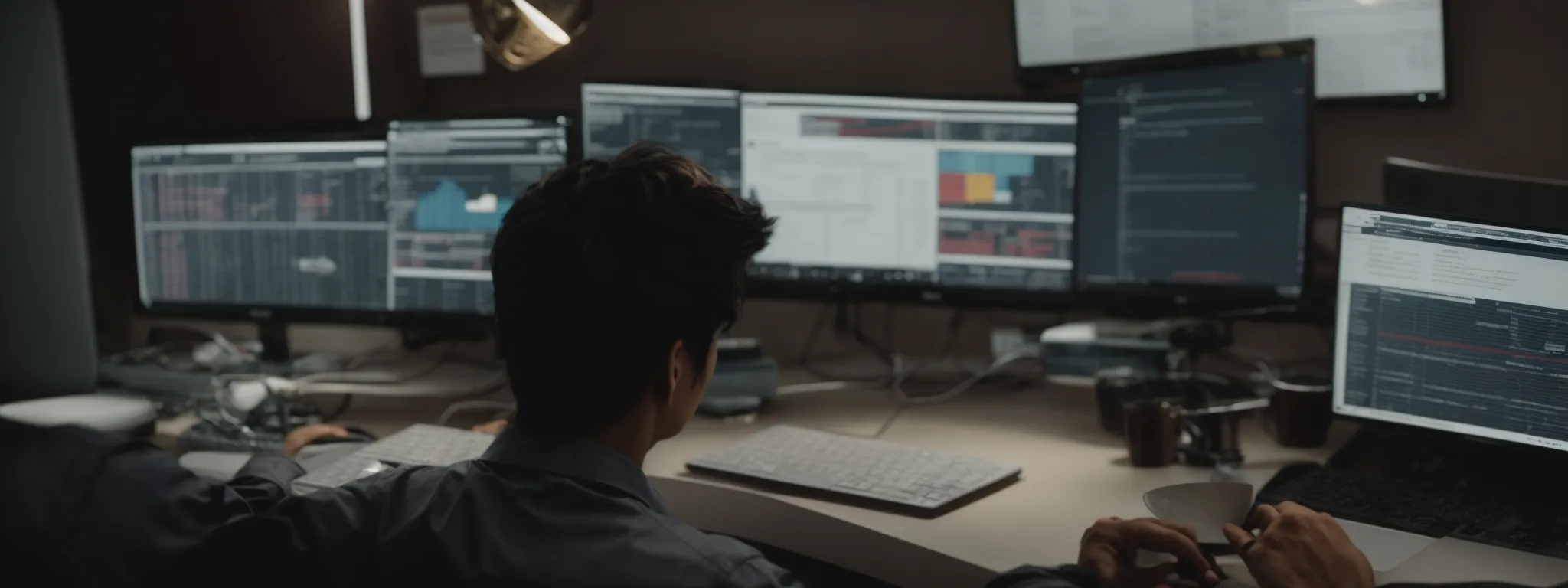 a person sitting at a computer, researching and analyzing website data for seo optimization.