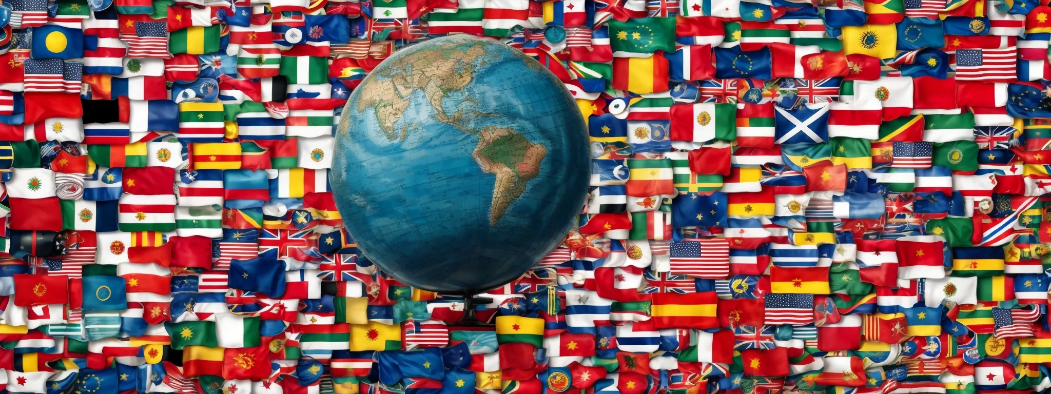 a globe surrounded by a variety of international flags, symbolizing a connected world navigating through digital content tailored to diverse languages and regions.