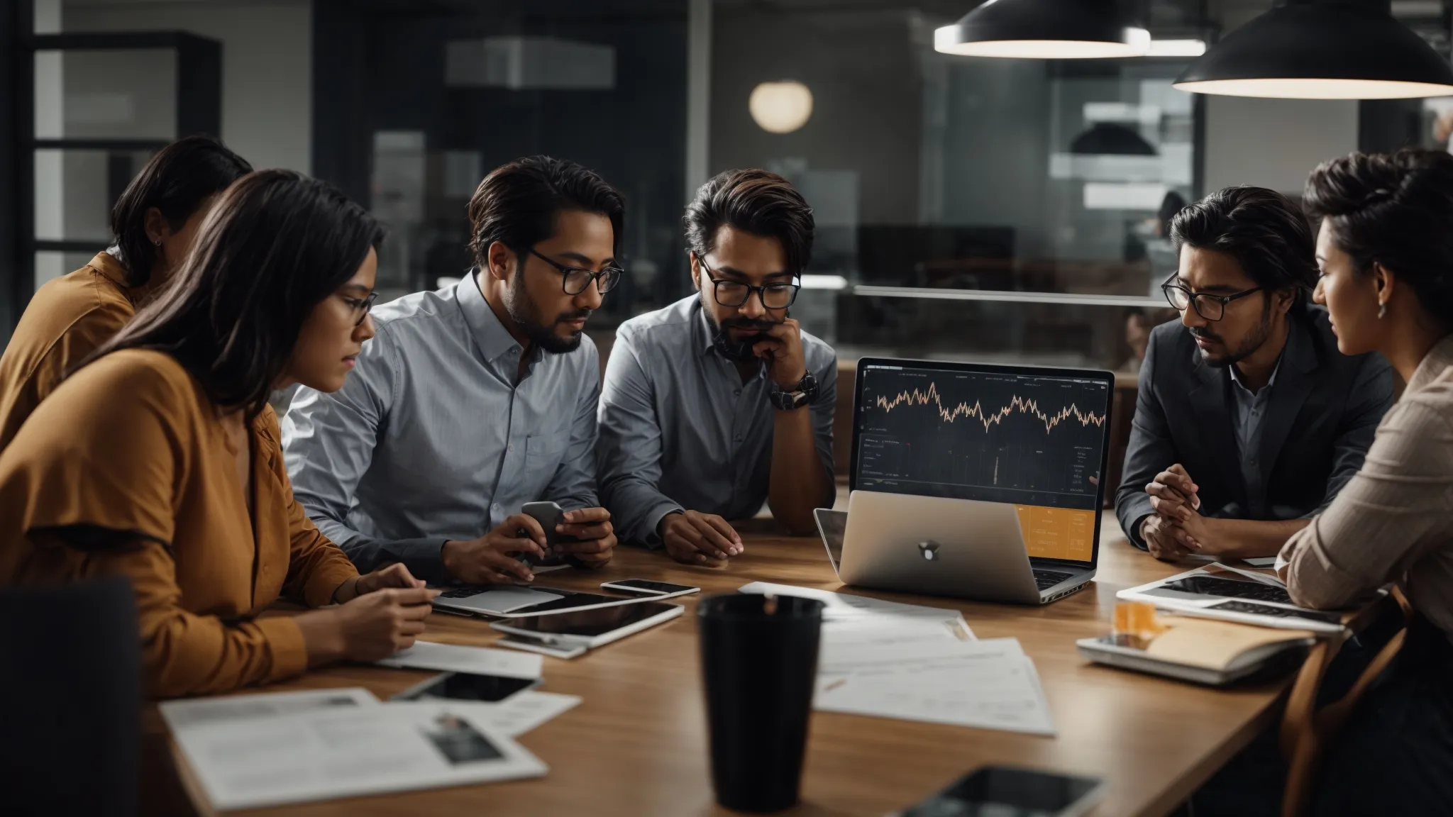 a group of marketers brainstorming around a laptop displaying analytics graphs.