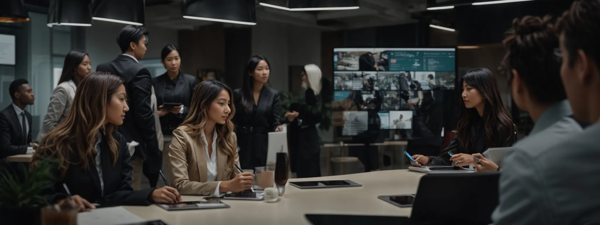 a diverse group of professionals engaging in a collaborative strategy session around a large table with digital devices and interactive displays.