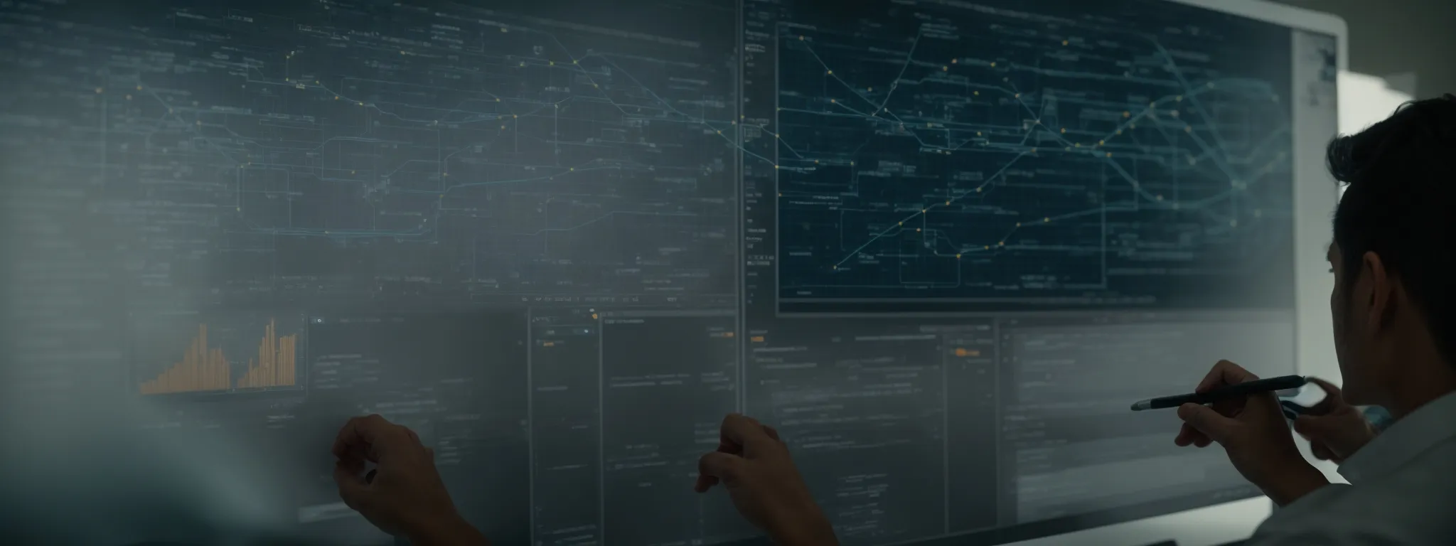 two professionals examining an intricate network diagram on a digital tablet.