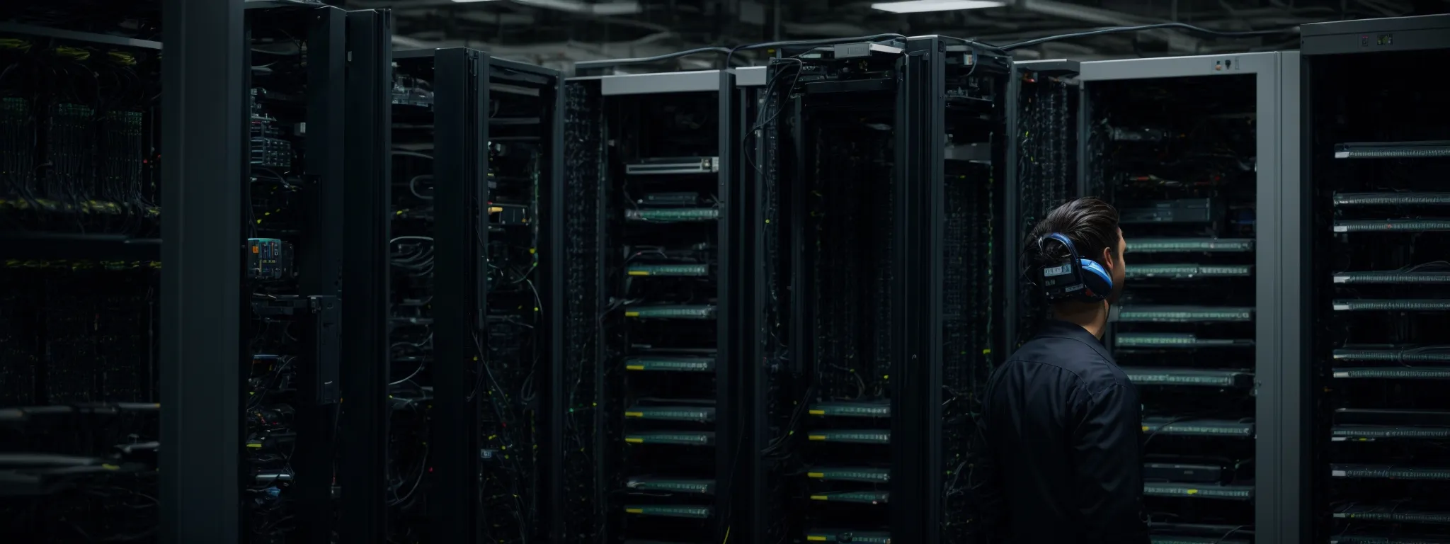 a server technician monitors a data center with rows of high-speed network equipment to enhance content distribution efficiency.