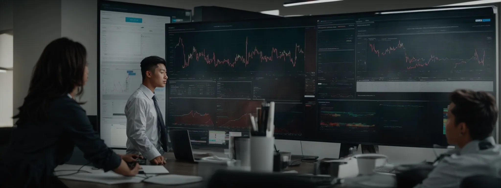 a marketing team reviews performance charts on a monitor displaying a digital advertising dashboard.