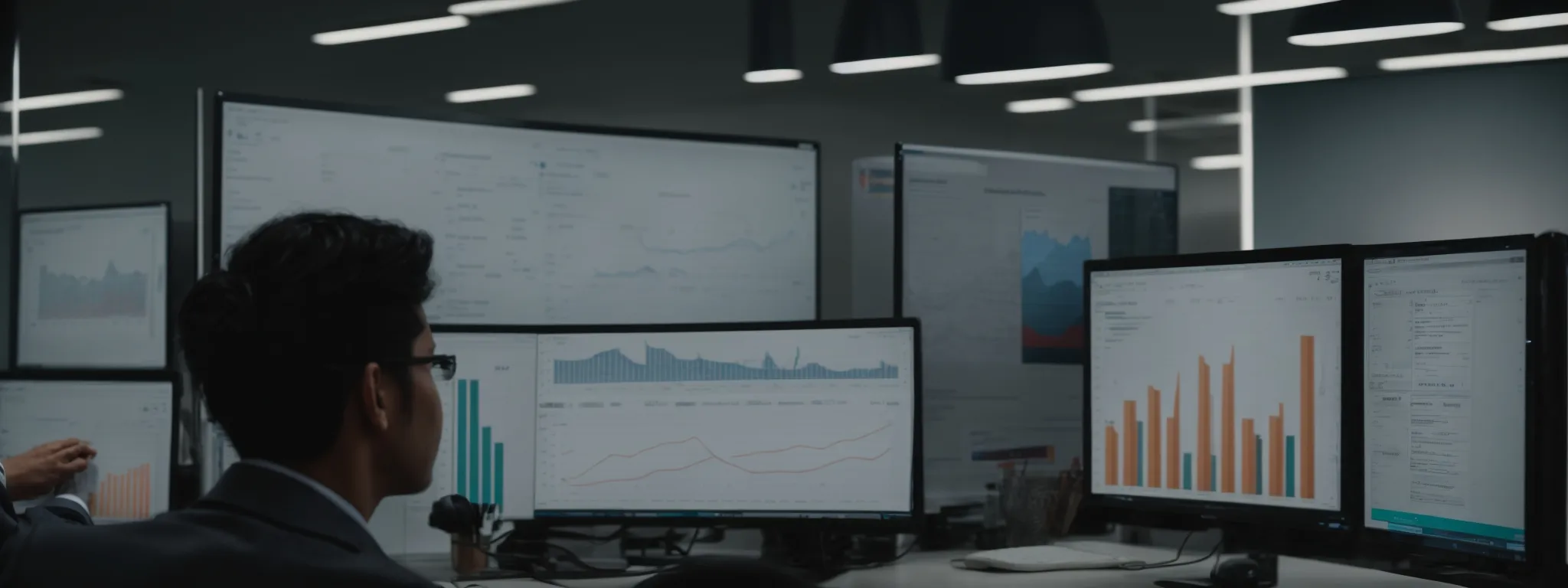 a person sitting in a modern office, intently analyzing data and graphs on a computer screen with books and a whiteboard in the background.