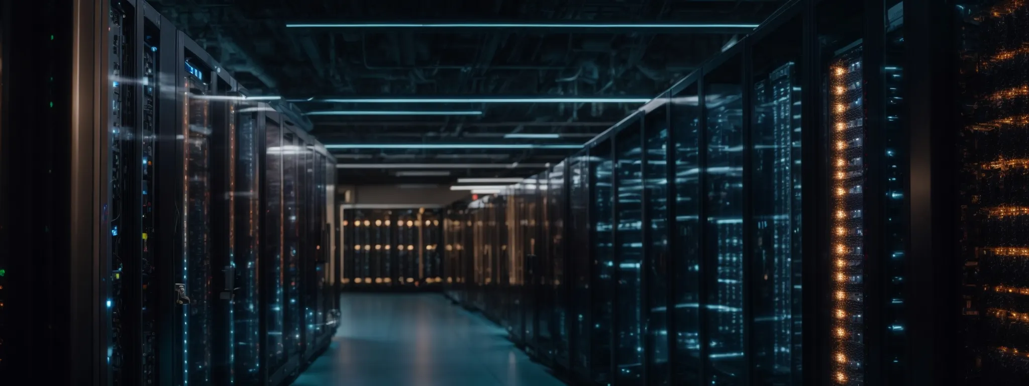 a close-up of a modern data center, with rows of high-tech servers and glowing led lights.