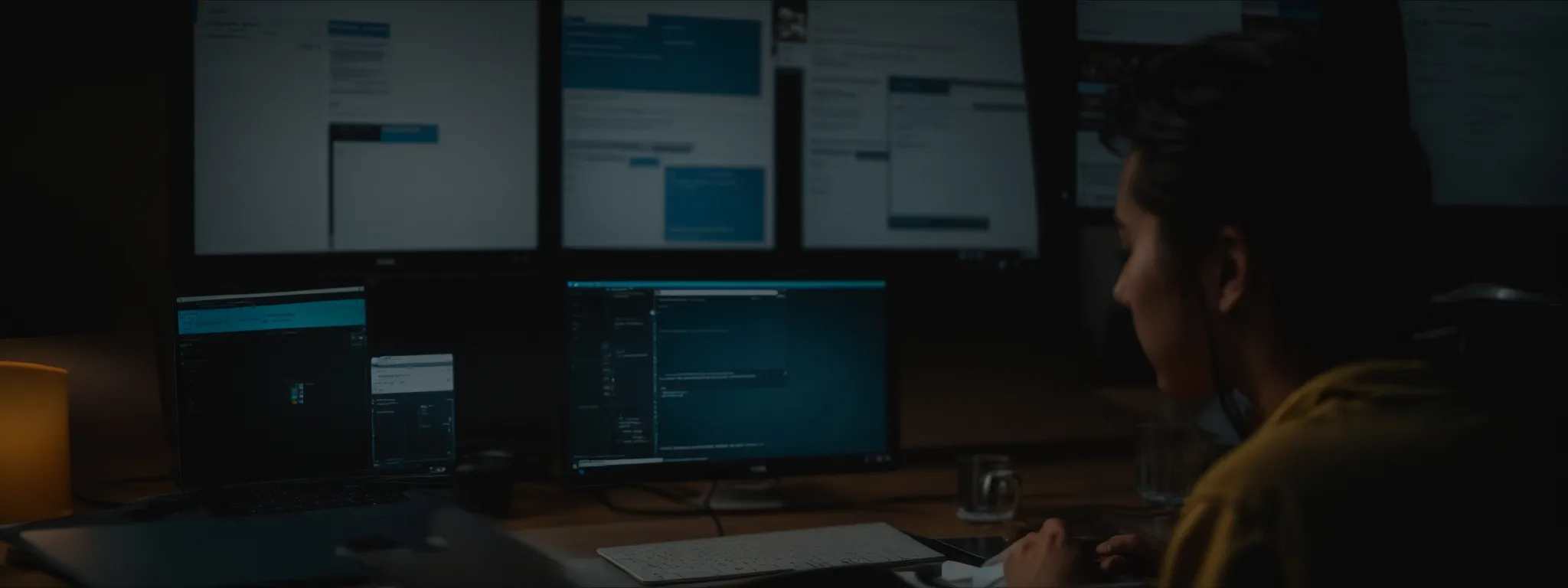 a person sitting in front of a computer with multiple browser tabs open, indicating research and analysis for marketing strategies.