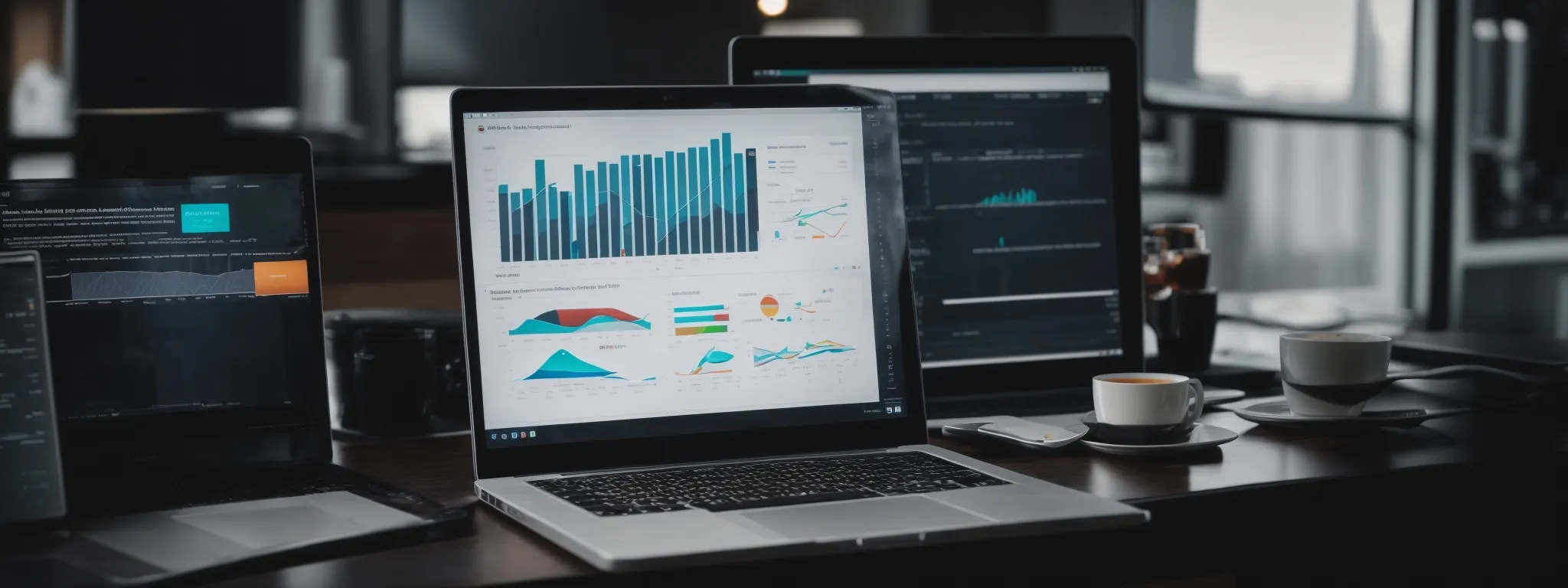 a laptop with graphs and charts on the screen reflecting digital marketing analytics.