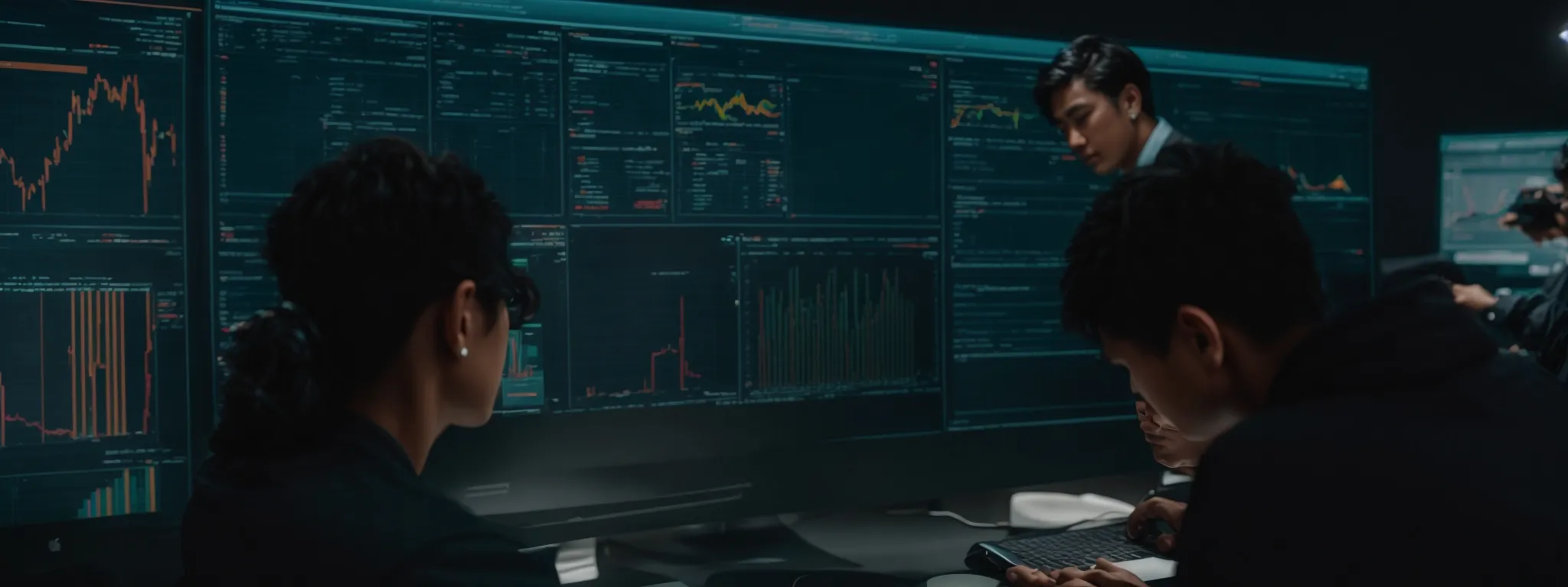 a team of professionals intently examining data analytics on a computer screen to optimize a website's search engine performance.