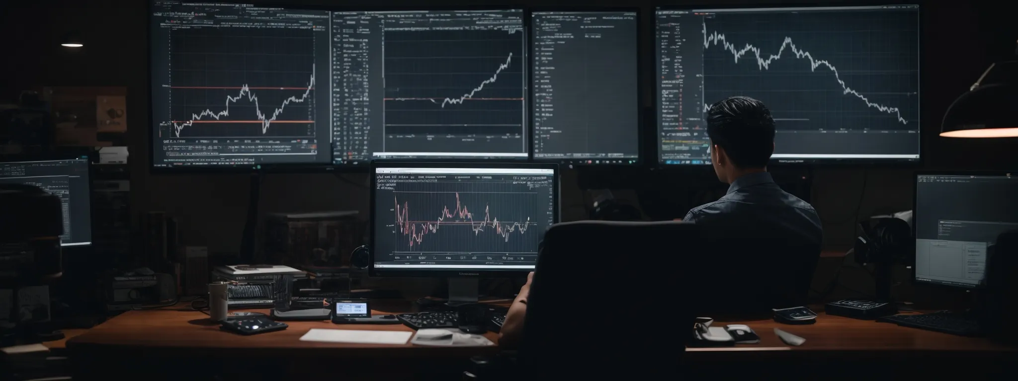 a focused individual analyzing charts and graphs on a computer screen to strategize seo and cro efforts.
